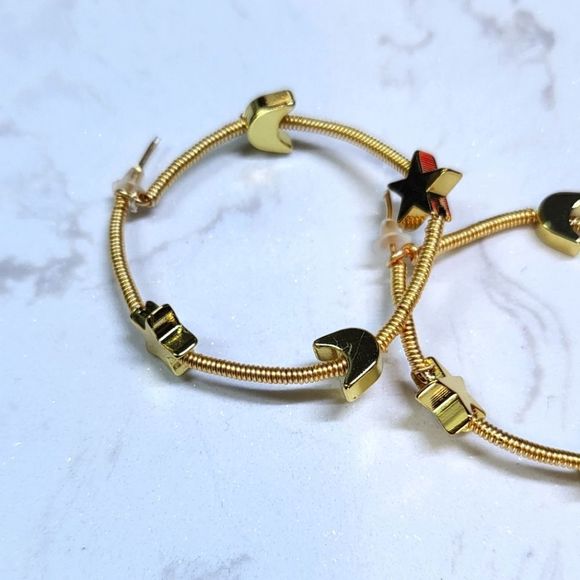 Handmade gold color hoops moon star medium size new - Picture 1 of 4